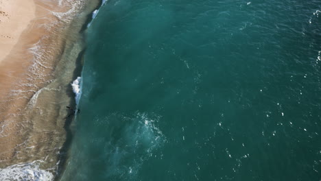 Toma-En-Cámara-Lenta-De-Buzos-Practicando-Buceo-En-La-Playa-Acompañados-De-Olas-En-Oahu,-Hawaii--Vista-De-Drones