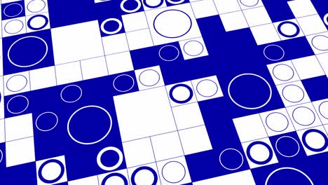 patrón geométrico azul y blanco con círculos y cuadrados