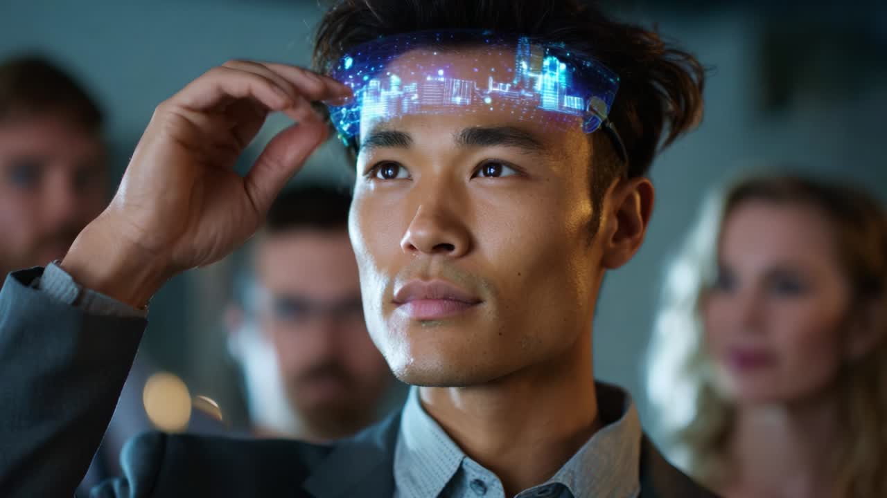 A man engages with futuristic technology, sporting a high-tech headgear that displays holographic visuals, as he stands amidst a captivated audience in a sophisticated environment