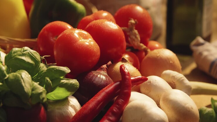 Extreme close-up pan of hand picking tomato from mixed vegetable basket