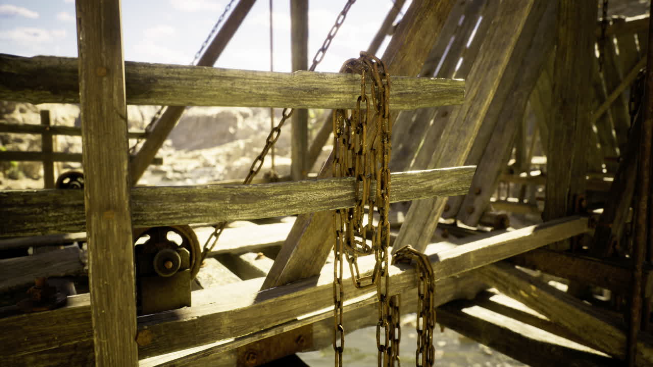 Detailed view of rustic wooden structure with chains in a sunny landscape