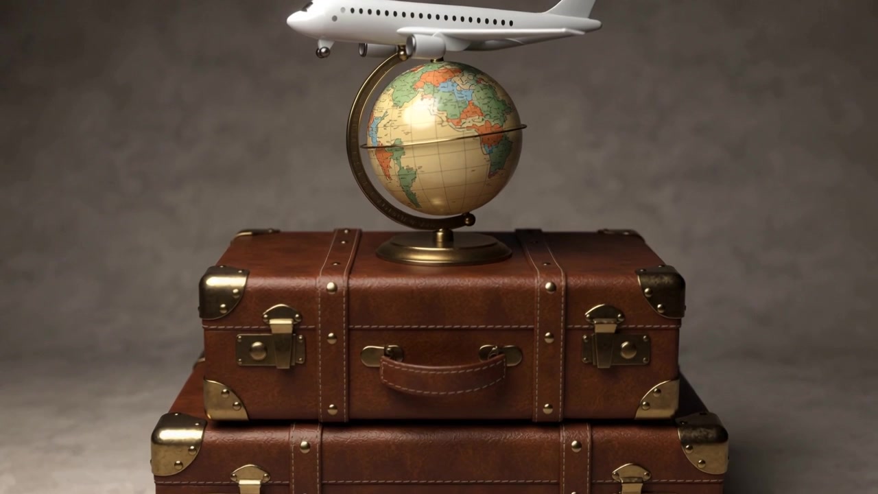 Entrant par la gauche, un avion se déplaçant sur une table en studio, évoquant le voyage avec un globe sur des valises en cuir.