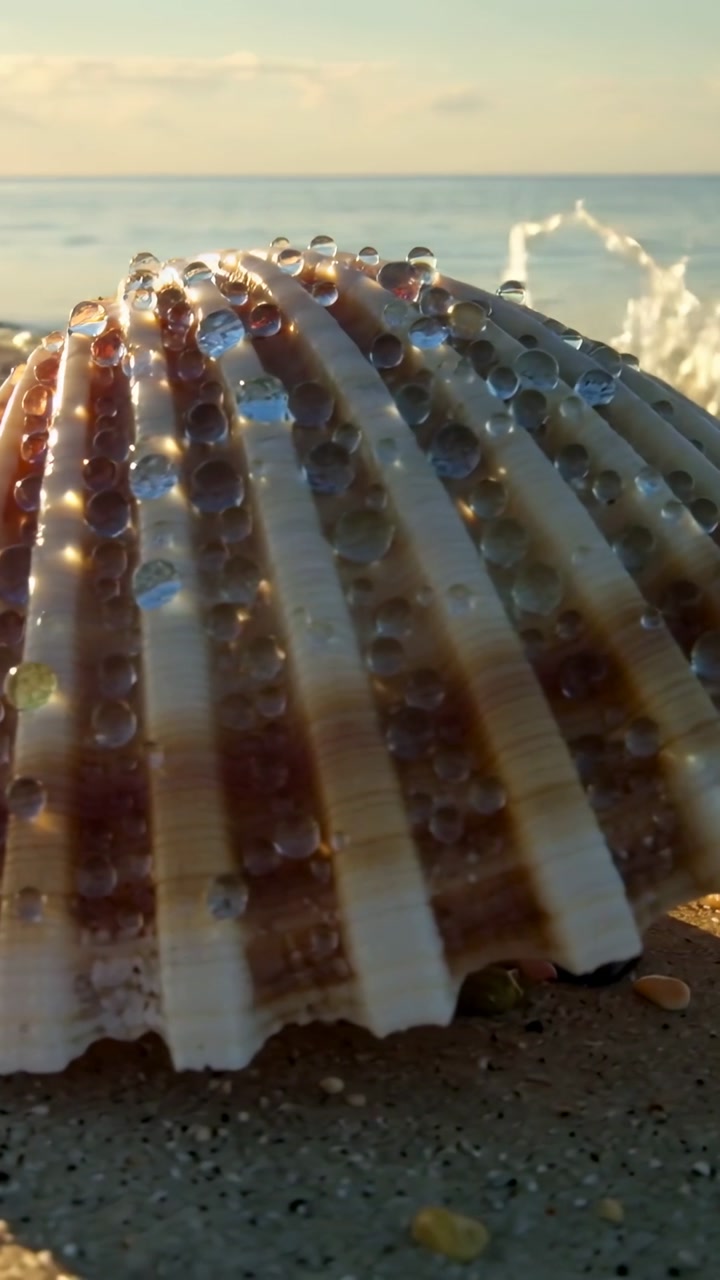 Seashell with Water Droplets Glistening on Sandy Beach at Golden Hour