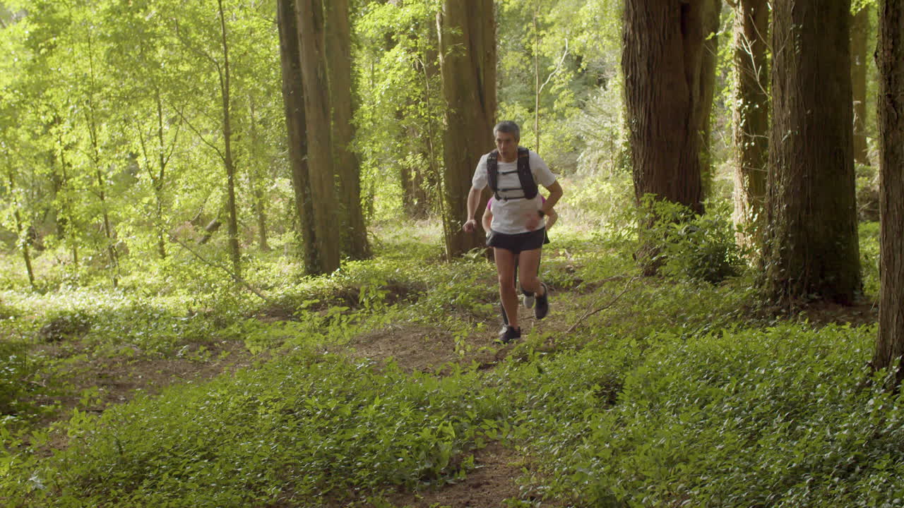 deportistas masculinos y femeninos corriendo juntos en el bosque