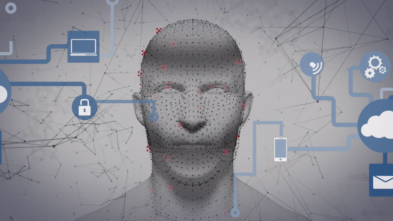 animación de la red de conexiones con iconos sobre la cabeza humana