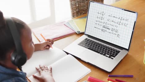 african american girl taking notes and using laptop with mathematical equations on screen