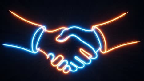 a vibrant neon representation of a handshake symbolizing unity, agreement, and collaboration in a modern digital context