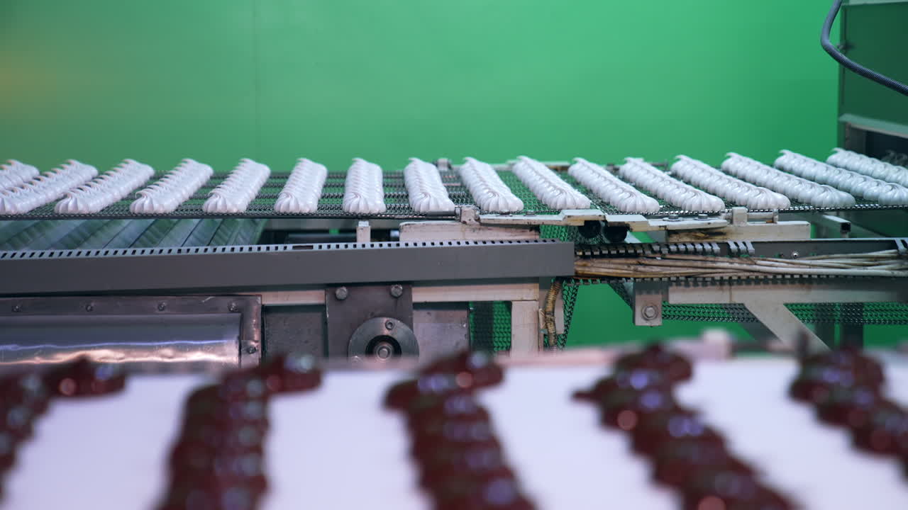Automated line for production sweet desserts at food factory. Conveyor belts with white marshmallows and those covered with chocolate.