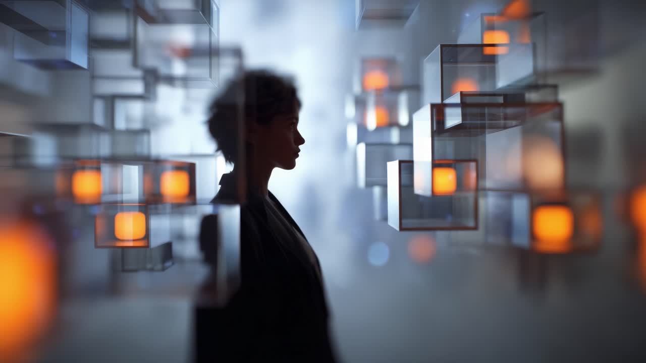 A Thoughtful Individual Surrounded by Illuminated Geometric Forms in a Mysterious Ambience, Capturing the Essence of Contemplation and Artistic Innovation