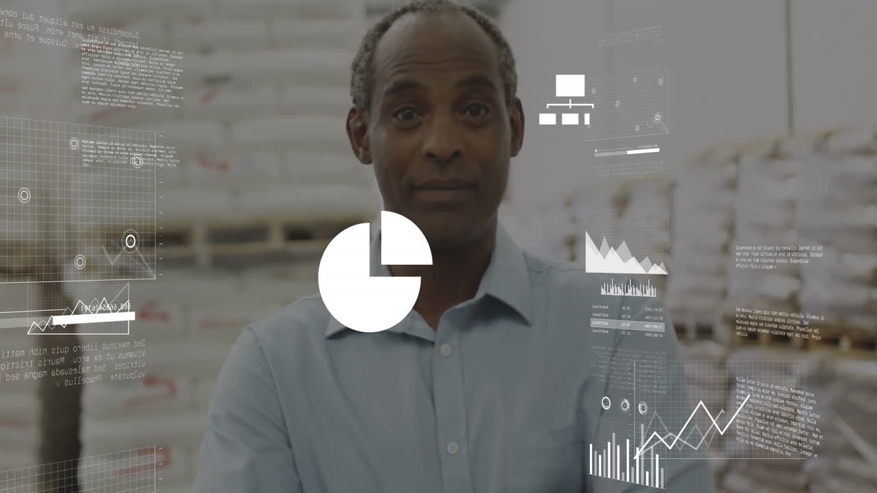 Animation of graphs, map and multiple icons, senior african american man standing arms crossed