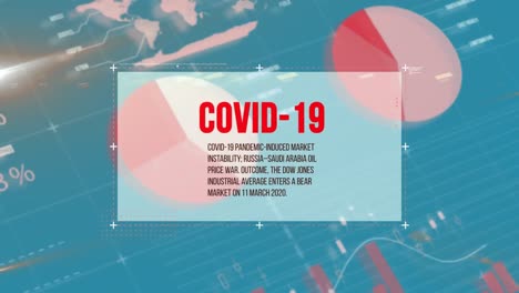 animation of the word covid-19 written with news information over data processing and statistics