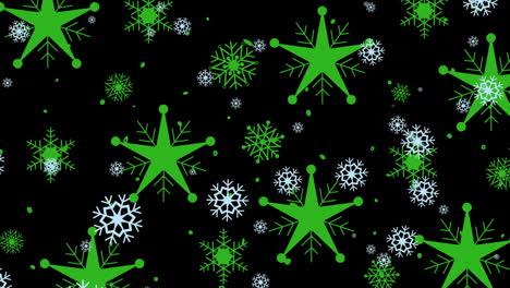 animación de copos de nieve verdes de navidad cayendo sobre un fondo negro