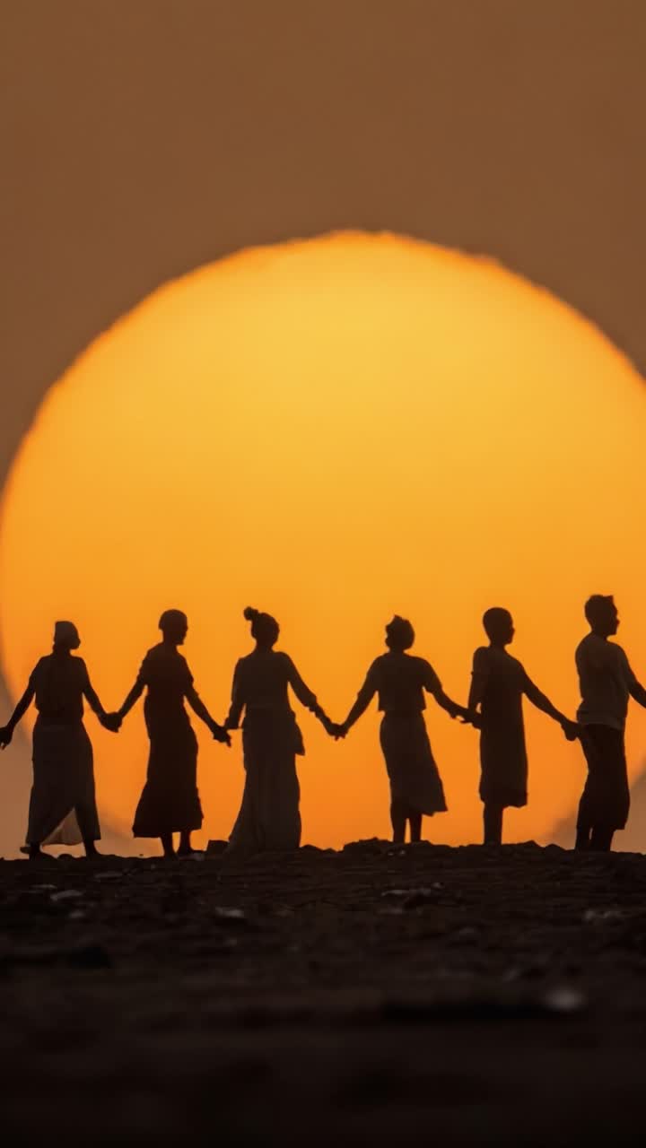 A Beautiful Silhouette of People Holding Hands Against a Stunning Sunset, Depicting Unity, Togetherness, and the Magic of Shared Moments in Nature's Embrace