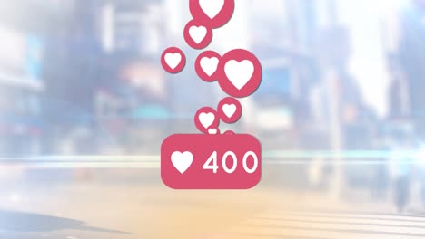 animación de iconos de corazón y números que crecen sobre el paisaje urbano