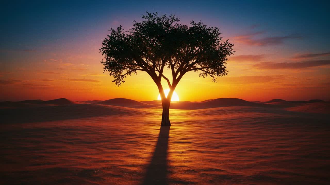 A stunning sunset paints the sky in vibrant hues, casting a warm glow over a solitary tree amidst a tranquil desert landscape dotted with gentle sand dunes