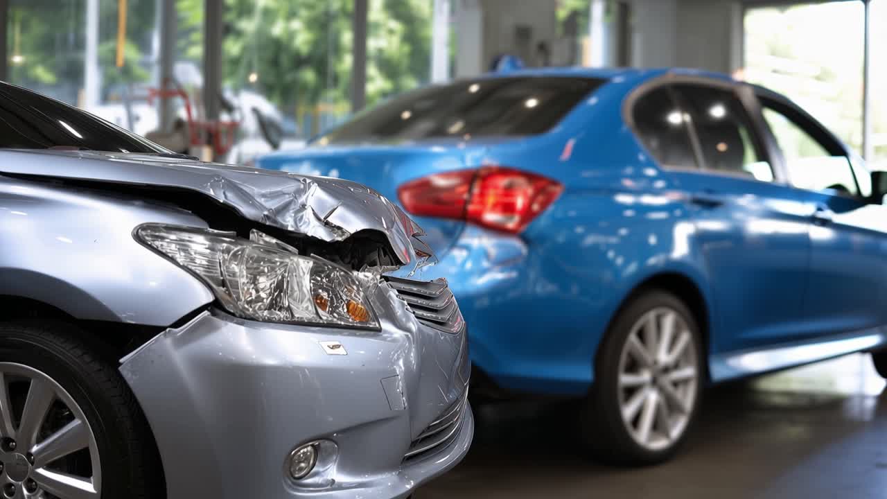 Auto d'argento con paraurti anteriore ammaccato. Auto blu accanto, intatta. Entrambe all'interno di un garage, pulito, luminoso. Nessuna persona presente, nessuna emozione mostrata. Ideale per scenari di incidente o riparazione.