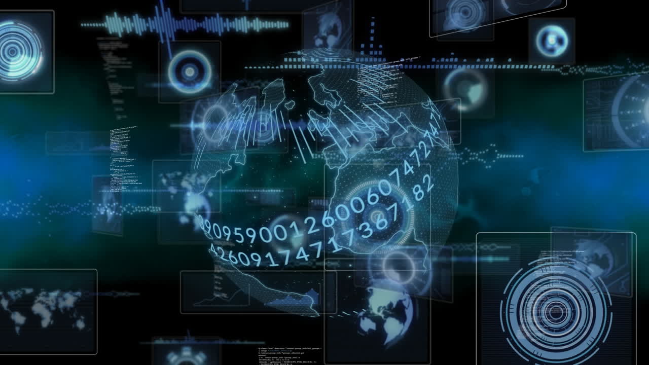 Composition of data processing on screens over globe with numbers