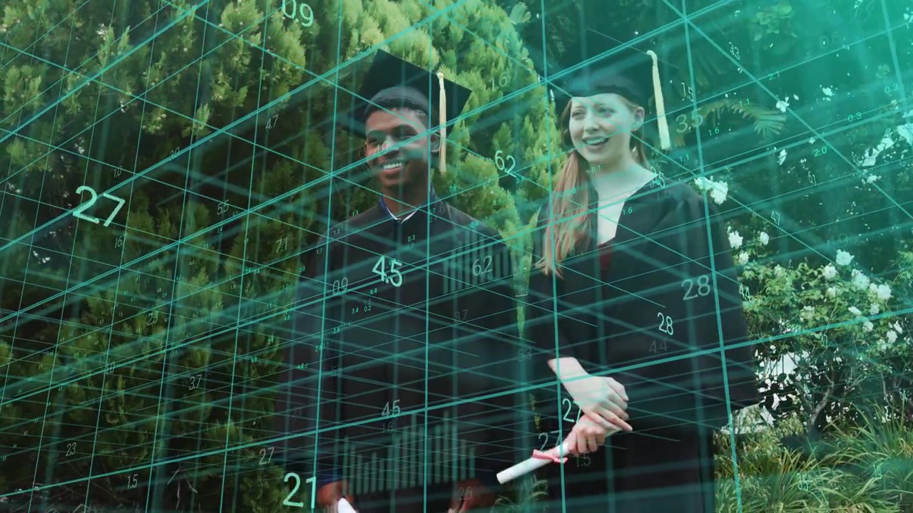 After receiving diplomas two grads smiling and gesturing while teal grid passing around subjects