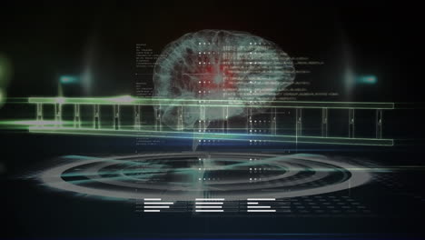 animación del procesamiento de datos sobre el icono del cerebro humano giratorio y la estructura del adn en fondo negro