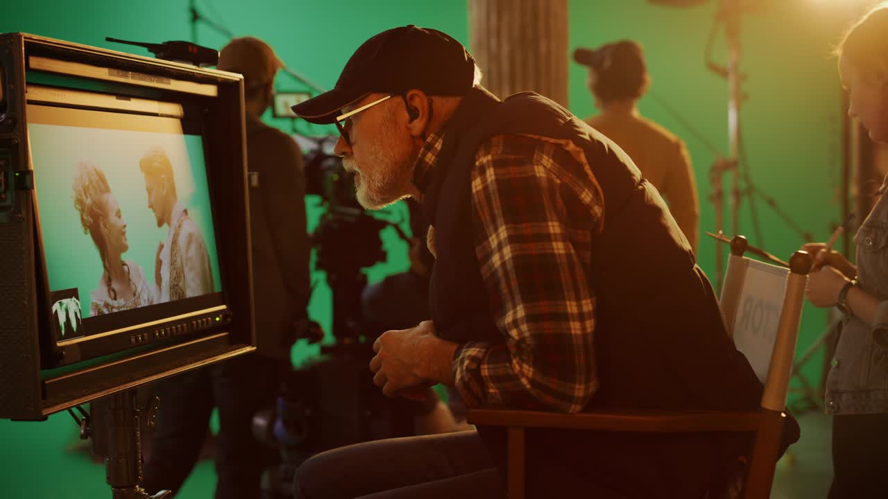 감독이 디스플레이 컨트롤을 쳐다보며 촬영 기간 드라마 영화, 성공적인 장면을 축하합니다. 르네상스 의상을 입은 배우들과 함께 그린 스크린 cgi 장면. 승무원이 높은 예산 영화를 촬영합니다.
