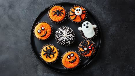 Cupcakes-Zum-Thema-Halloween-Mit-Gruseligen-Dekorationen-Auf-Schwarzem-Teller