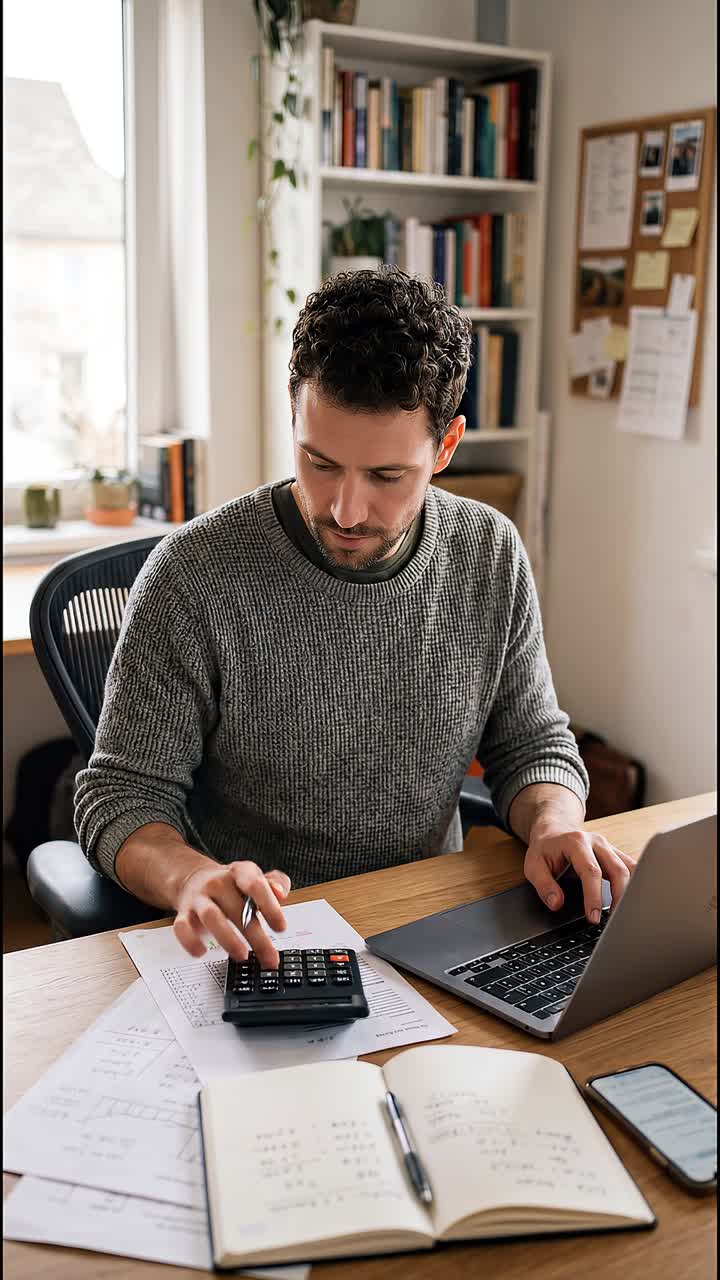 Giovane uomo che digita sul laptop analizzando dati finanziari con calcolatrice e appunti sulla scrivania in un luminoso home office