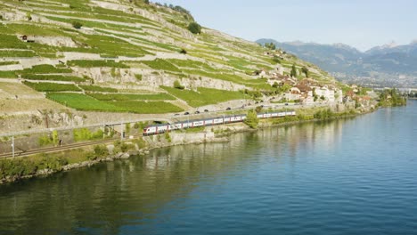 dos trenes suizos cruzando a lo largo de la orilla del lago léman cerca de saint-saphorin, lavaux - suiza los alpes en el fondo