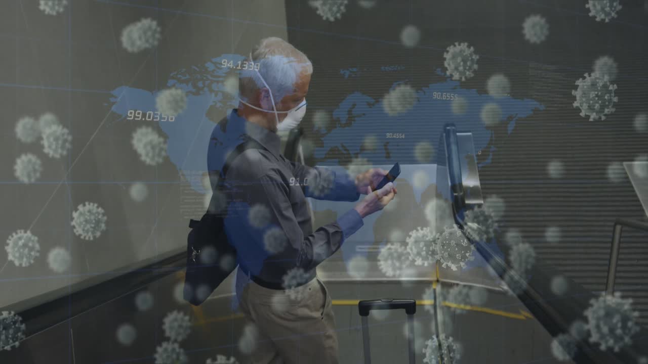 코로나19 세포의 애니메이션 시니어 남자가 마스크를 쓰고 있습니다.