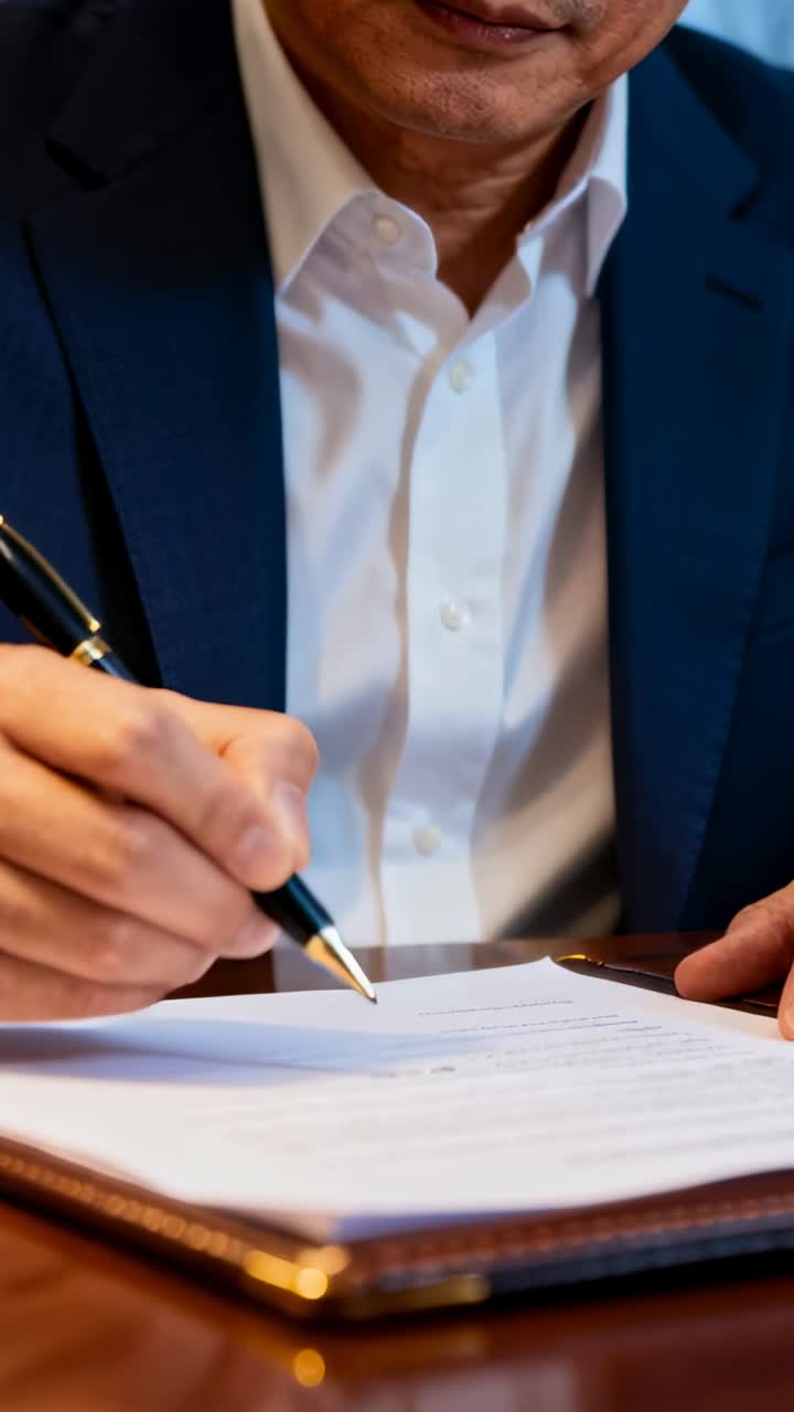 Video verticale: Uomo in blazer blu navy che firma alla scrivania dopo la revisione, scrivendo la sua firma con una penna nera.