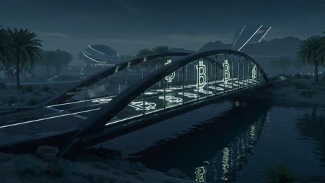 a stunning futuristic bridge illuminated at night, showcasing a neon glow and surrounded by lush palm trees against a mysterious landscape