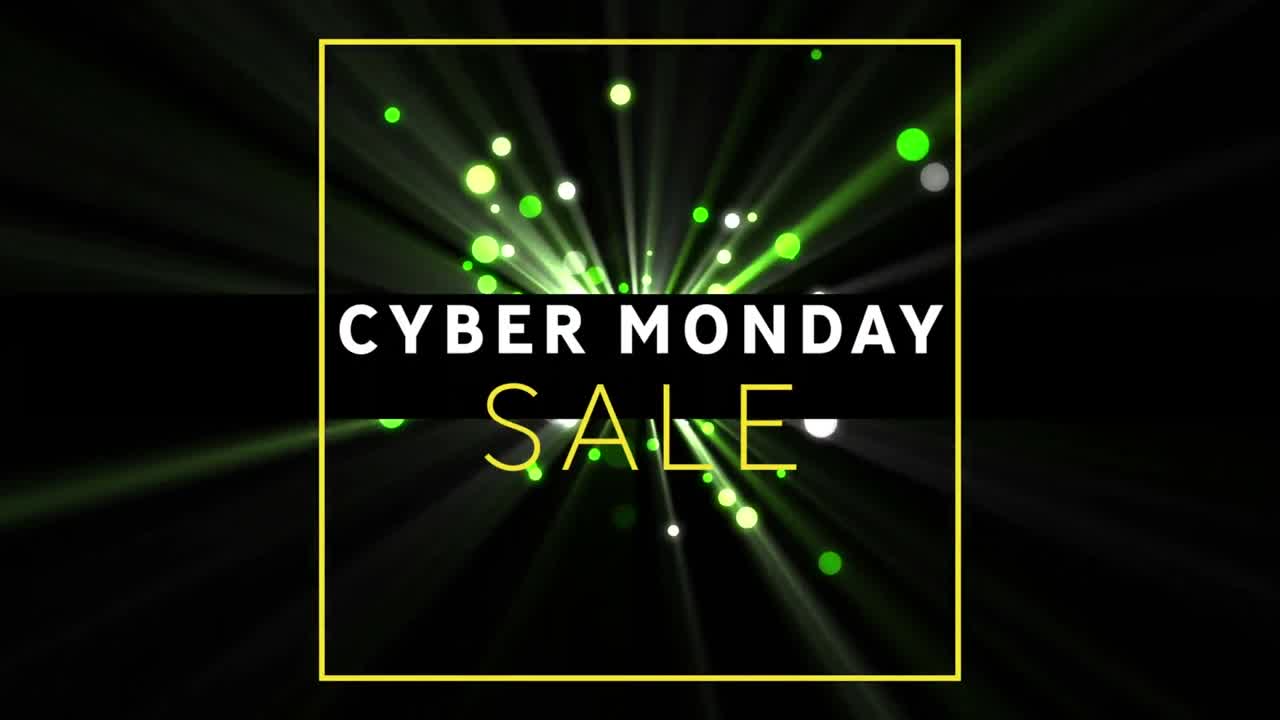 사이버 월요일 판매 텍스트 배너의 디지털 애니메이션 검은 바탕에 빛의 초록색 반점에 대해