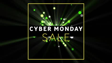 Digitale-Animation-Des-Textbanners-„Cyber-Monday-Sale“-Vor-Grünen-Lichtflecken-Auf-Schwarzem-Hintergrund