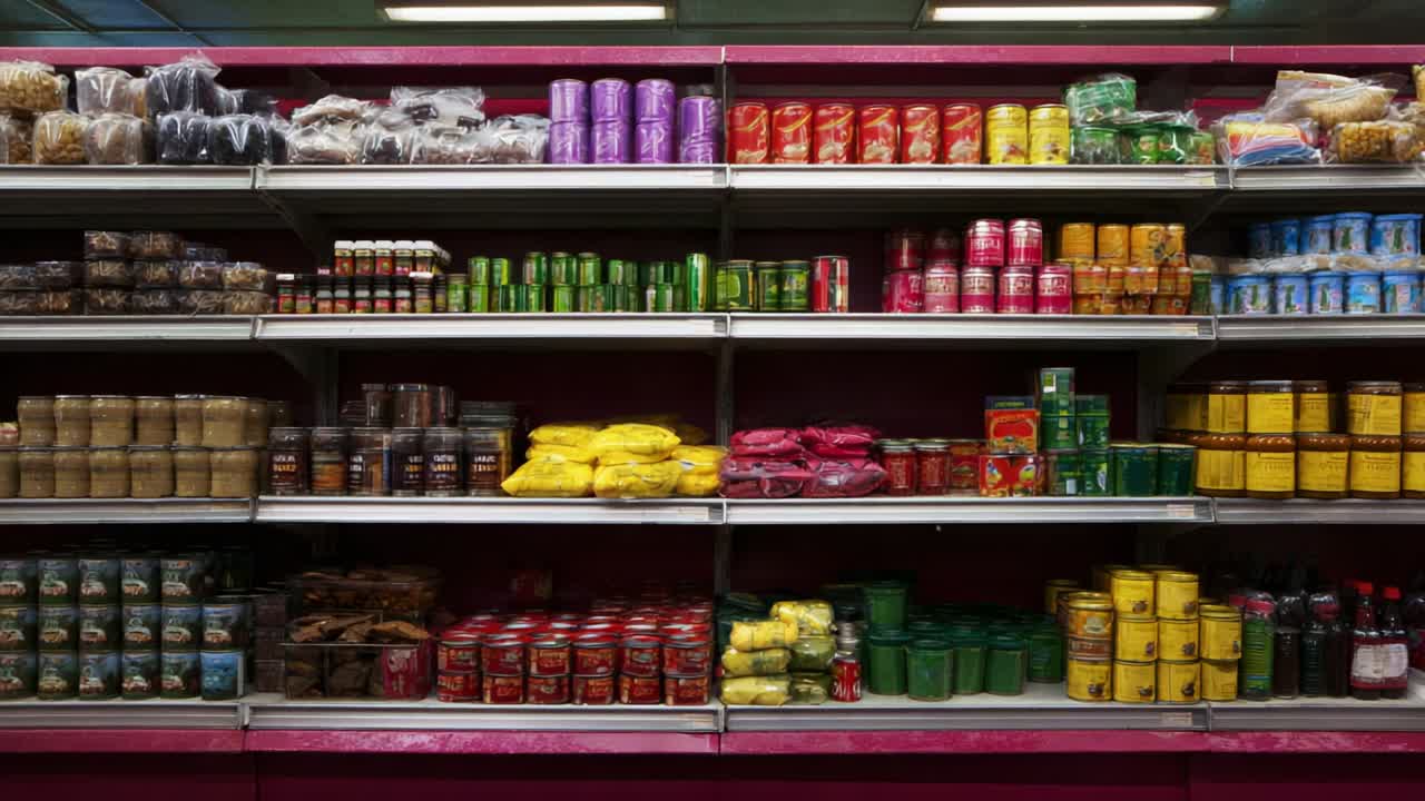 A Colorful Display of Grocery Merchandise on Shelves in an Aisle, Featuring a Variety of Packaged Foods, Canned Goods, Snacks, and Household Items, Showcasing an Array of Colors and Products for Shoppers