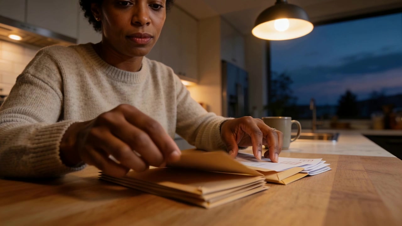 Vrouw in lichte trui verwerkt post, legt enveloppen recht en stopt papieren thuis in enveloppen voor verzending.