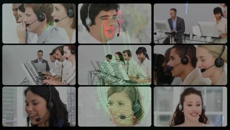 animación de un candado biométrico digital sobre fotos de gente de negocios usando auriculares de teléfono