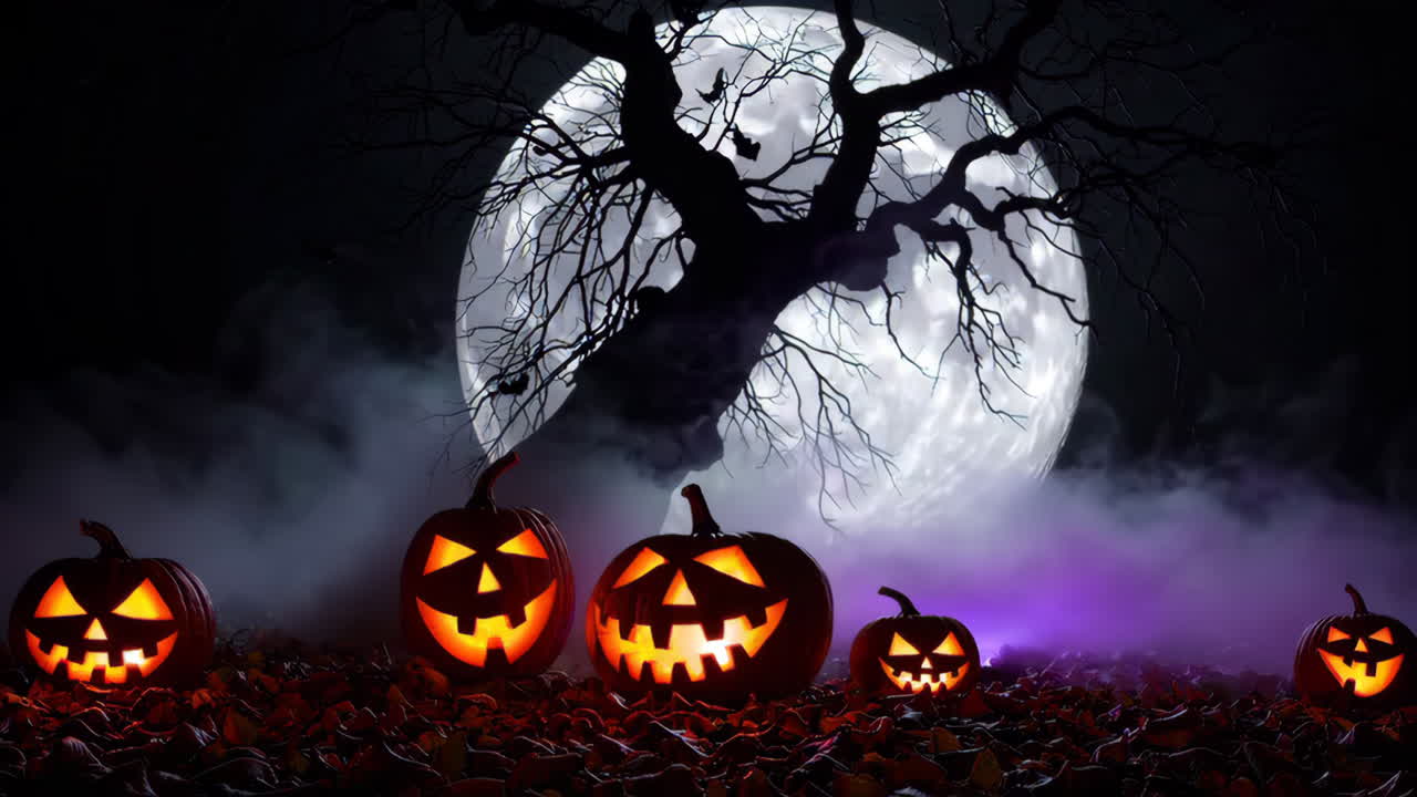 Spooky Halloween Jack-o'-lanterns under a Full Moon