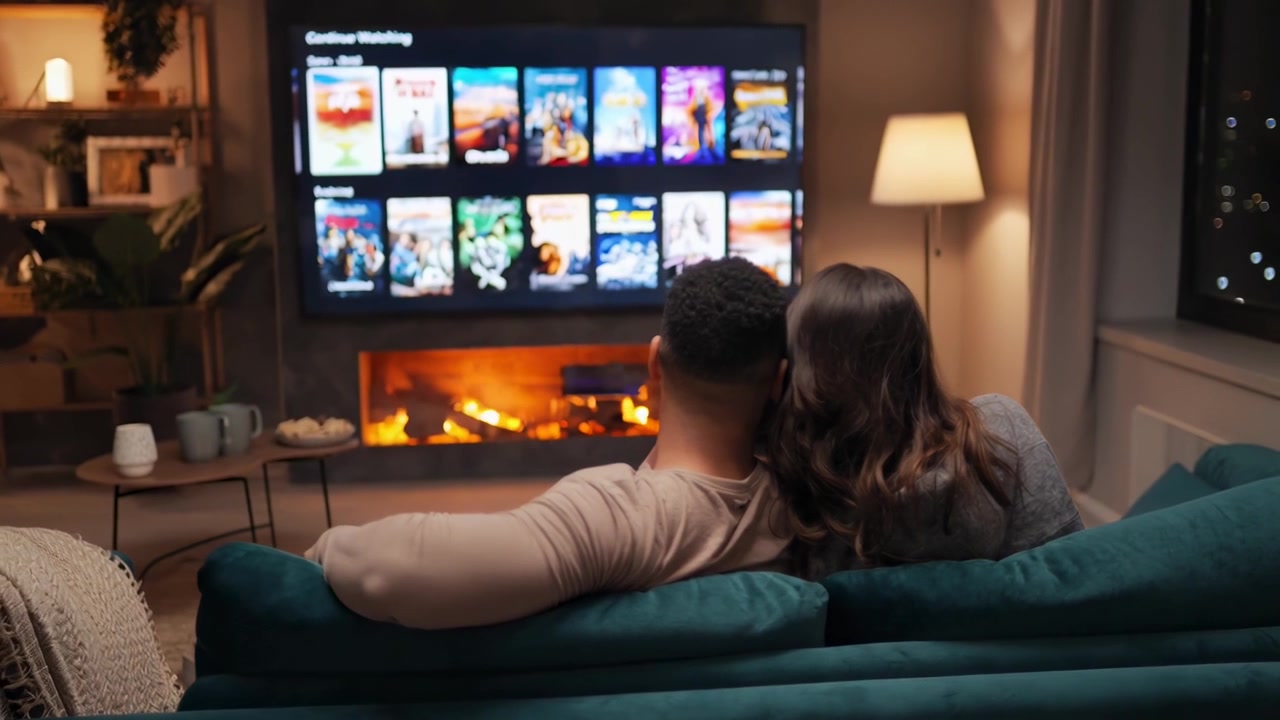 Casal Assistindo Serviço de Streaming na TV em Sala de Estar Aconchegante