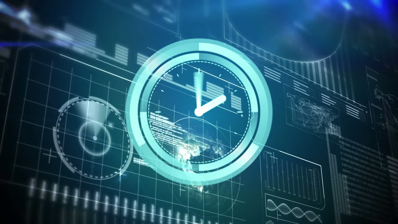 Animation of scope scanning with clock over data processing on black background