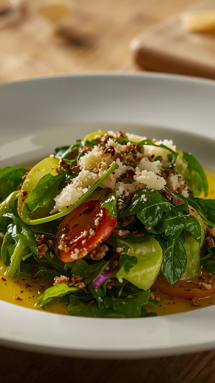 Vertical video: Shifting camera revealing green salad in white bowl on wood table, showing bottle