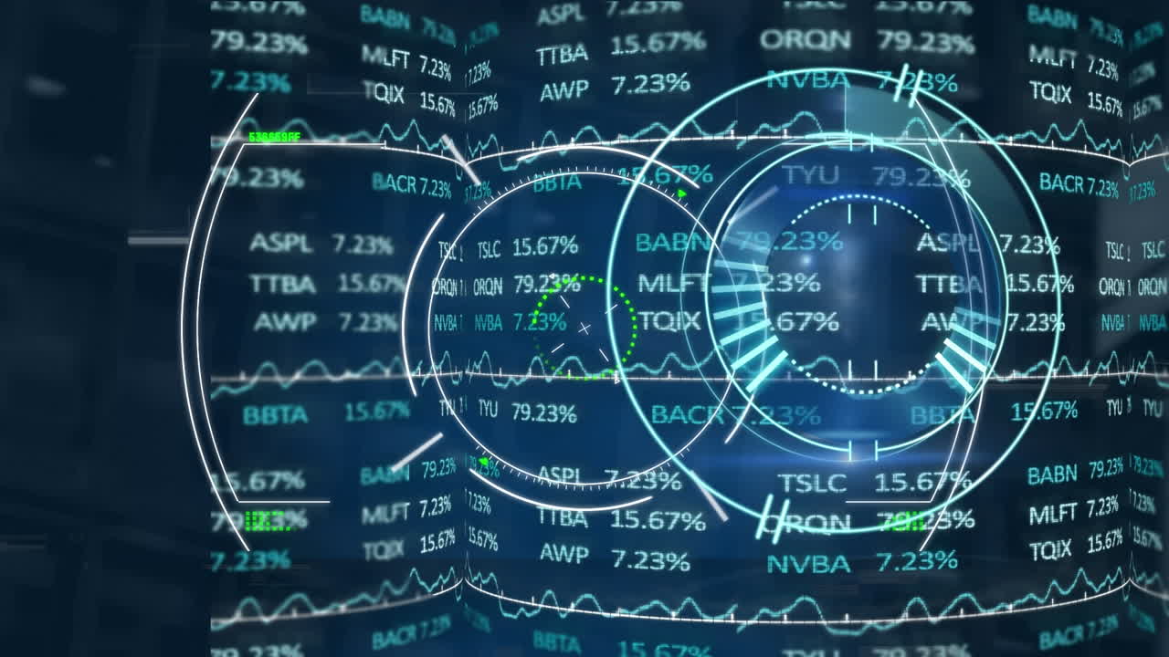 Animation of scope scanning and financial data processing over cityscape
