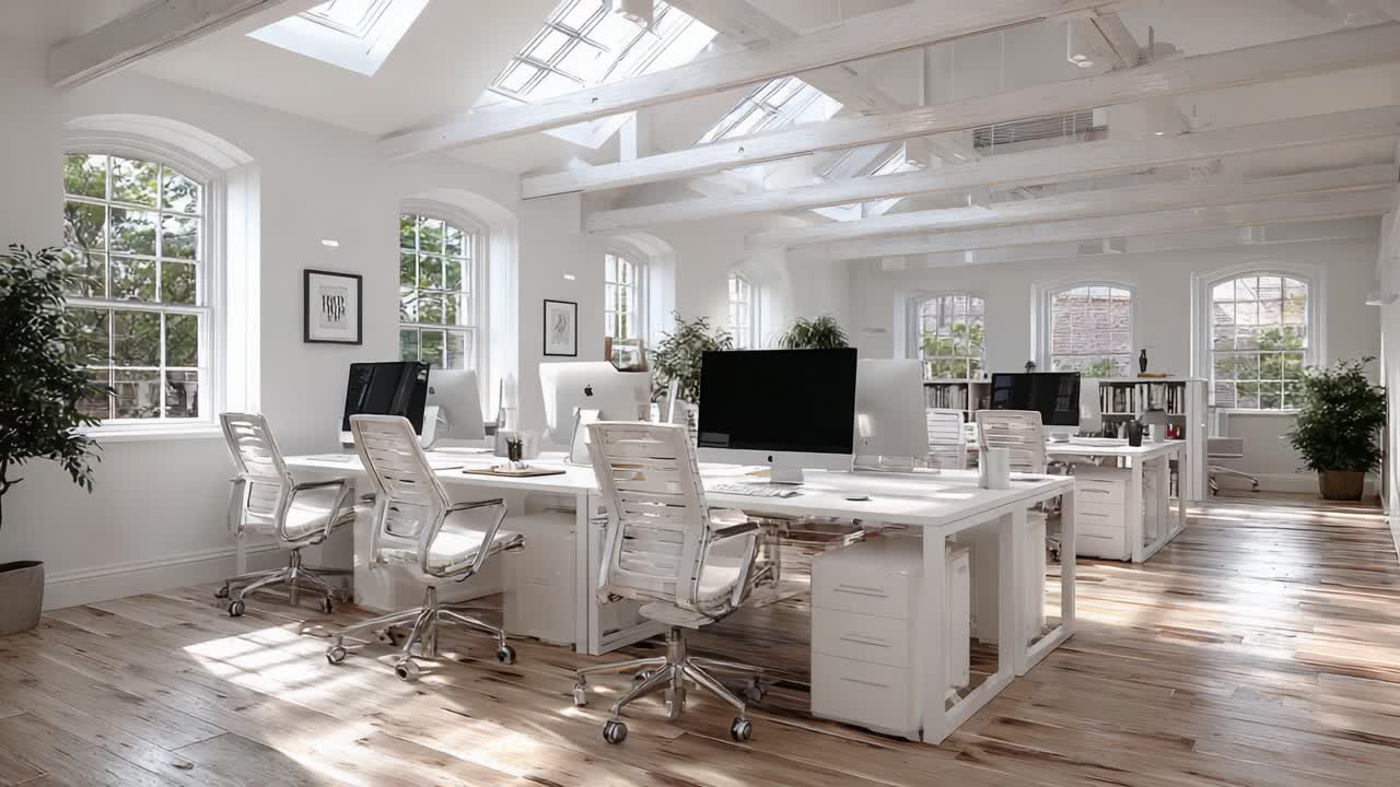 Spazio ufficio luminoso e moderno con scrivanie spaziose, grandi finestre e mobili eleganti per un ambiente di lavoro stimolante