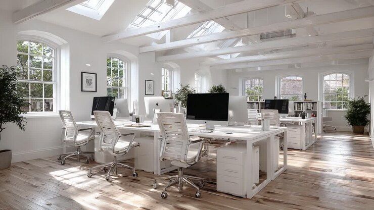 Spazio ufficio luminoso e moderno con scrivanie spaziose, grandi finestre e mobili eleganti per un ambiente di lavoro stimolante