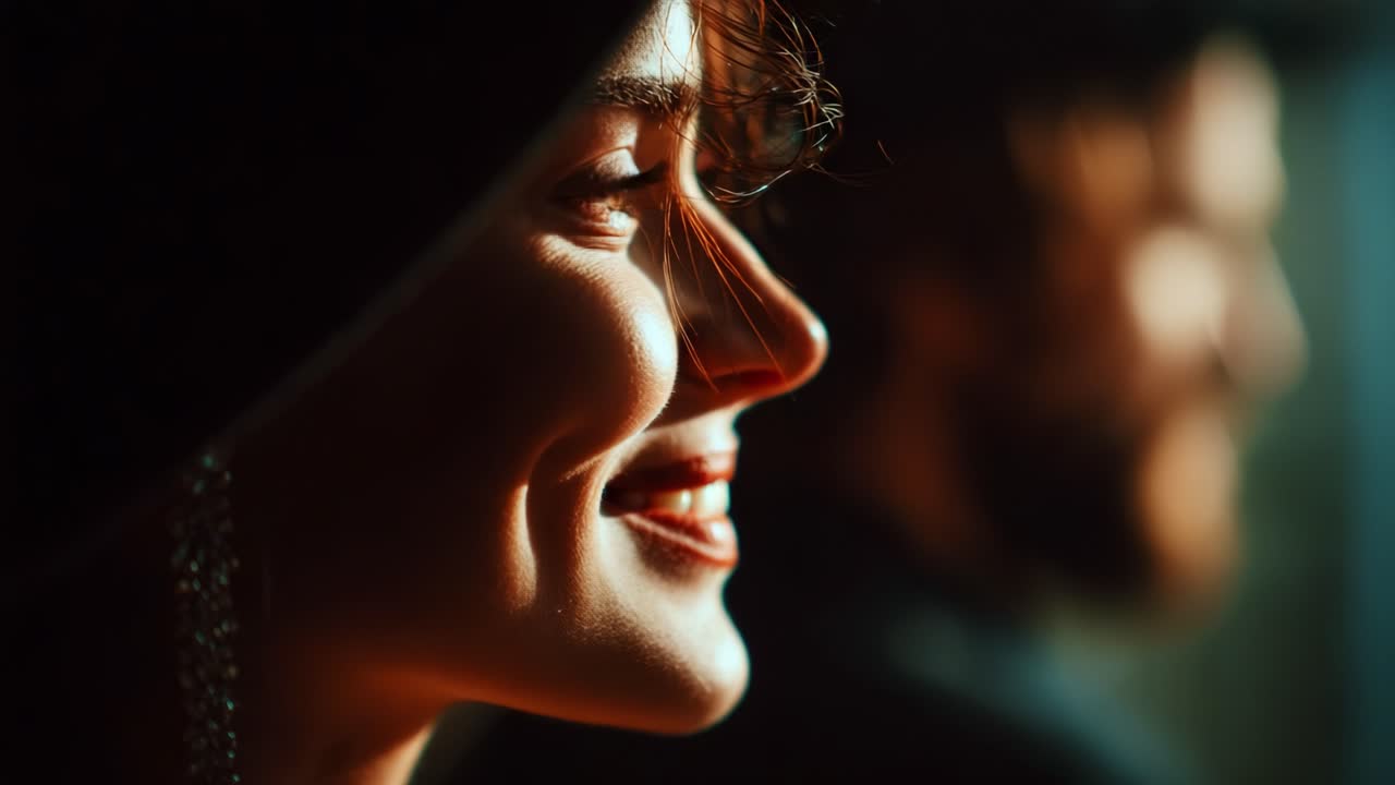 A captivating transformation: from contemplation to joy, highlighting the interplay of light and shadow on the faces of two individuals in a moment of emotional connection