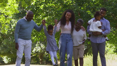 familia de varias generaciones disfrutando de un paseo por el campo juntos balanceándose nieta