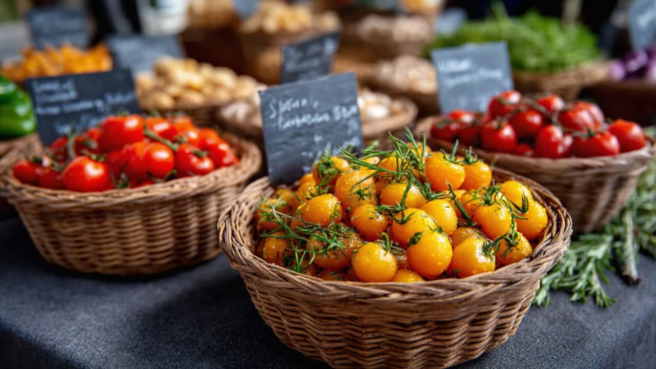 Vibrant Market Display Featuring Freshly Harvested Tomatoes and Aromatic Herbs in Handwoven Baskets, Showcasing a Bountiful Variety of Nature's Produce