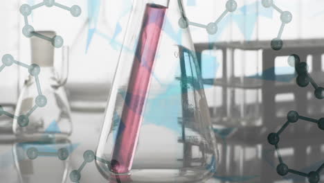 animación de moléculas sobre platos de laboratorio sobre un fondo gris
