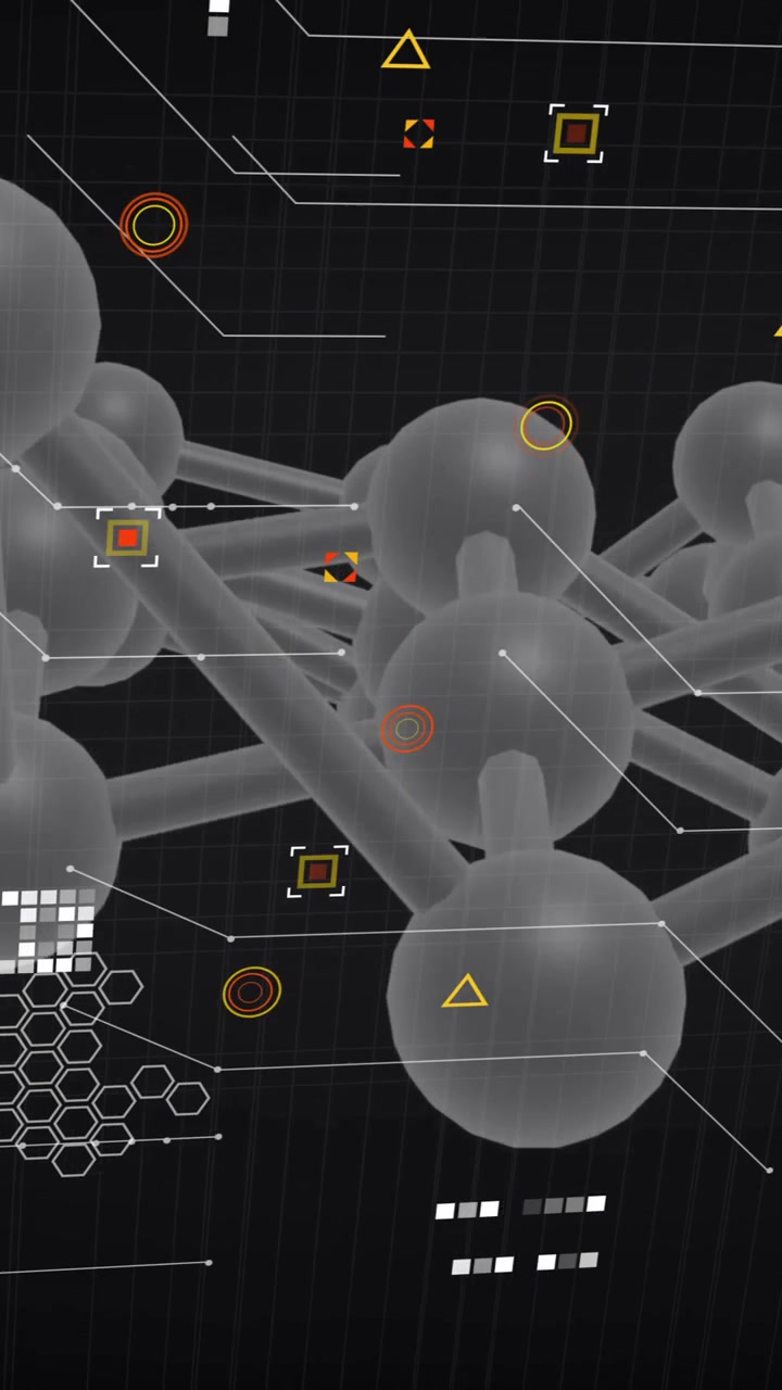 Animation of dna network of connections and molecules on black background