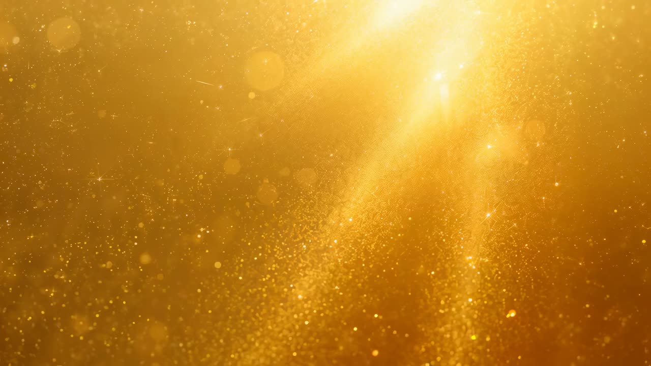 Casting upper-center warm light, diagonal beams moving across golden field, drifting particles