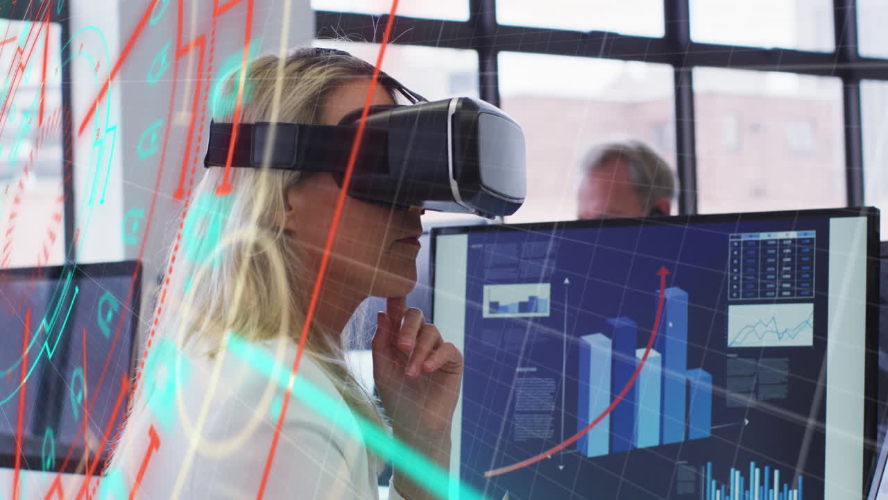 Animation of data processing over caucasian businesswoman using vr headset in office