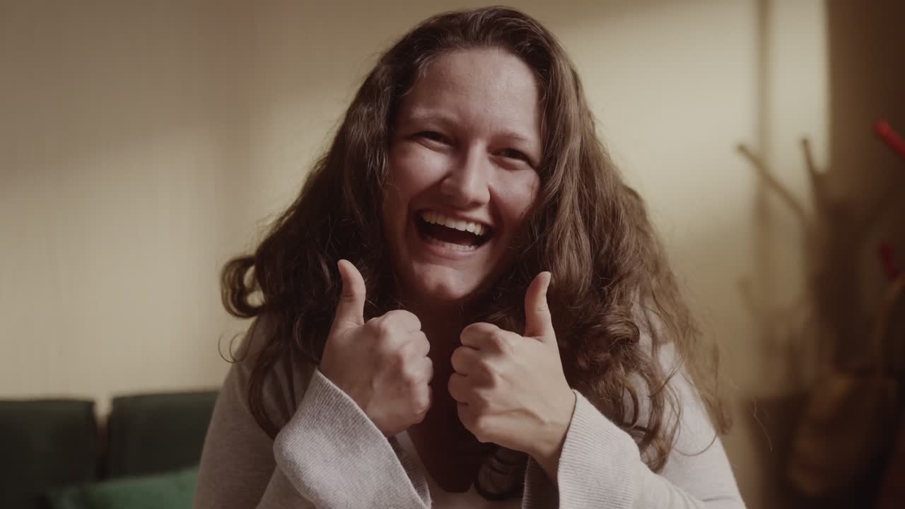 Happy Woman Giving Thumbs Up and Laughing